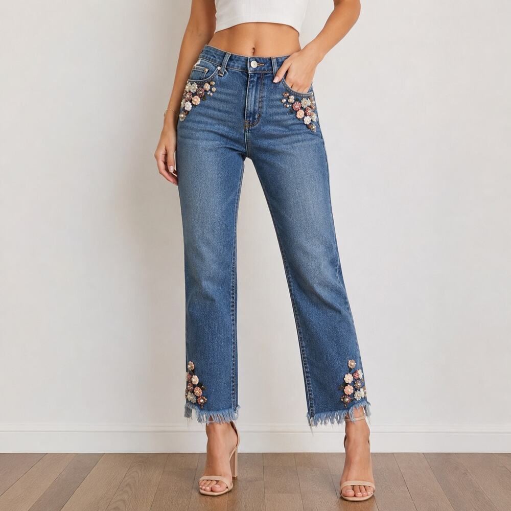 Ella Moss Size 25 High Waist Straight Leg Ankle Jeans Floral Pearl Embellished